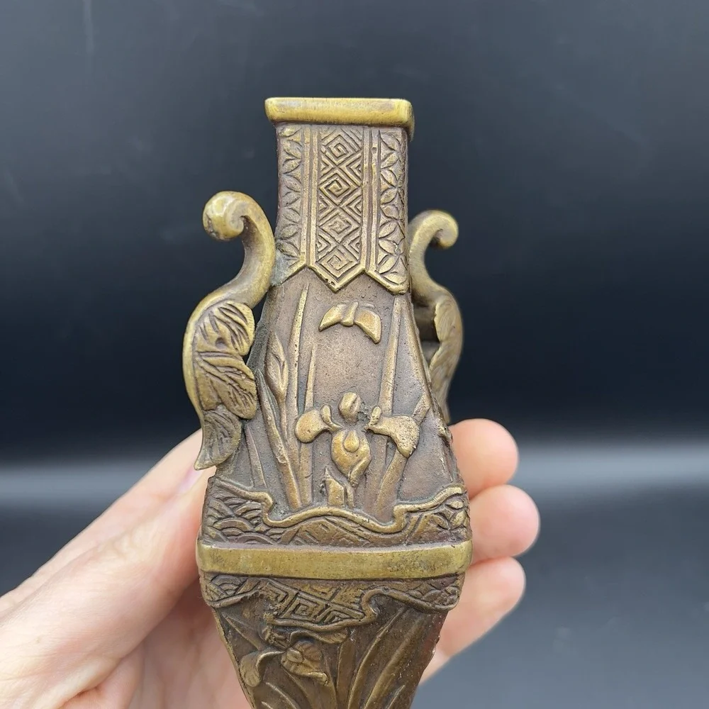 Vintage Chinese Brass Carving Vase Flowers Iris Morning Glory 6